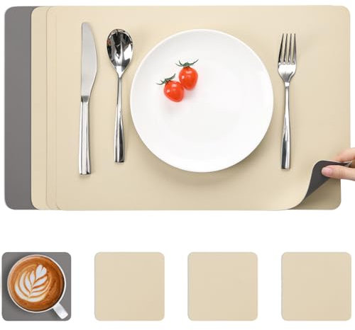 Myir JUN Leather Table Mats and Coasters, Dual-Sided Leather Placemats and Coasters Waterproof Placemats Set of 4 Place Mats Non-Slip Washable Table Mats (Gray Wheat, Set of 4)