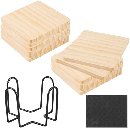 Lot de 12 dessous de verre en bois d'acacia avec support, 10 cm, carrés, vierges, avec 48 ronds antidérapants, dessous de verre en bois inachevé pour modèles architecturaux DIY et dessin