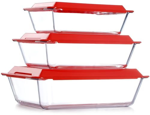 NUTRIUPS Juego de 3 platos profundos de vidrio para hornear con tapas, juego de platos profundos para lasaña, platos de lasaña para horno, platos rectangulares de vidrio para hornear (rectangulares,