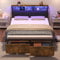 4ft6 Double Bed Frame with 2 Storage Drawers and Wooden Storage Shelf Headboard, Vintage Metal Platform Bed with LED Lighting & Charging Station, No Box Spring Needed, Black+Walnut, No Mattress