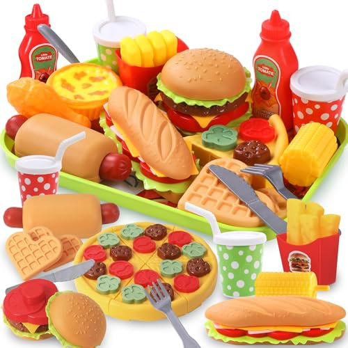 XOYTN 25Pcs Pretend Play Food Sets，Plastic Removable Hamburger Hot dog Pizza Fast Food Play set Fake Food Toys for Kids Kitchen Toys Accessories
