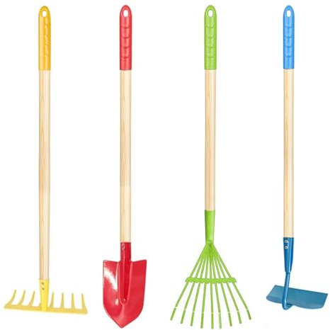 YORFULL Herramientas de Jardinería, Kit de Jardinería para Niños de 4 Piezas con Pala, Rastrillo para Hojas, Rastrillo Jardín, Azada de Jardín, Juego de Jardinería para Niños de 3 Años
