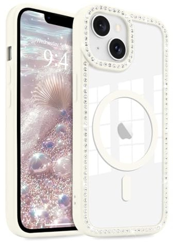 LCHULLE Magnetic Clear Glitter Phone Case for iPhone 14/13, White | Compatible with MagSafe, Bling Sparkly Diamond Rhinestone Cute Design for Women Girls, Hard PC Back Cover Soft TPU Bumper