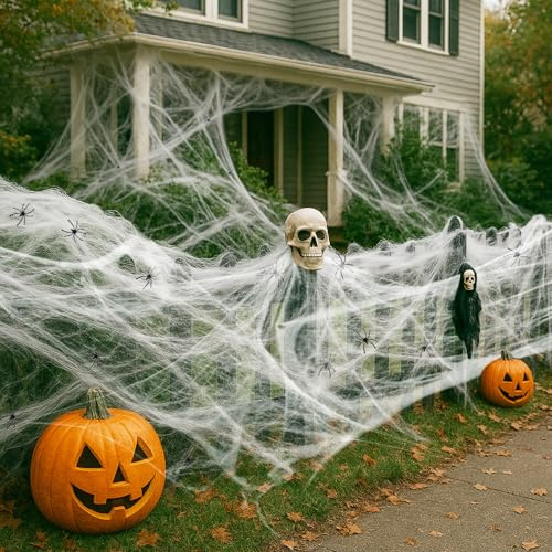 Xyxu Halloween Decorations Spider Web - 300g Halloween Cobwebs & 60 Spiders | 300g White Stretchable Halloween Cobwebs And 60 Black Plastic Spiders for Indoor Outdoor Halloween Party, Garden Decorations