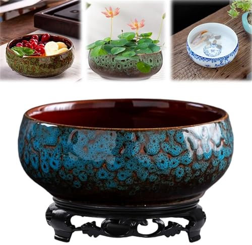 Maceta de cuenco de loto, maceta de agua de cerámica para plantas de interior, maceta decorativa de loto para nenúfares y suculentas, para decoración del hogar, oficina, jardín (color azul cambiado)