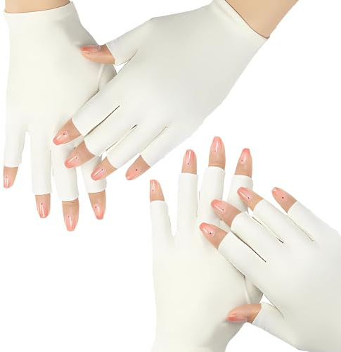 2 Paare Fingerlose Handschuhe Weiß, UV Handschuhe Nägel Damen mit UV Schutz, Rutschfeste Eis Seide für Fahrhandschuhe und Nagellack