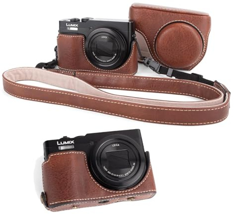 Raheem Kameratasche für Panasonic Lumix DC-TZ99/ZS99, kaffeebraune PU-Leder | Schutzhülle mit abnehmbarer Front & Schultergurt, Präzise Öffnungen für Stativ und Akkuwechsel, Vintage Style Schutzetui
