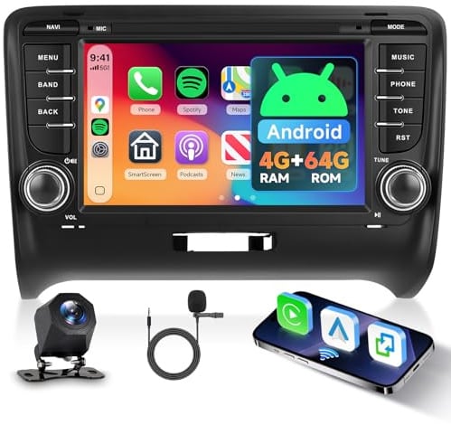 Hodozzy 4G+64GB Autoradio für Audi TT 2006-2014 mit Wireless Carplay Android Auto, 7 Zoll Touchscreen Android 2 Din Radio Bildschirmo für Audi TT mit GPS Navi Bluetooth WiFi DSP FM RDS Rückfahrkamera