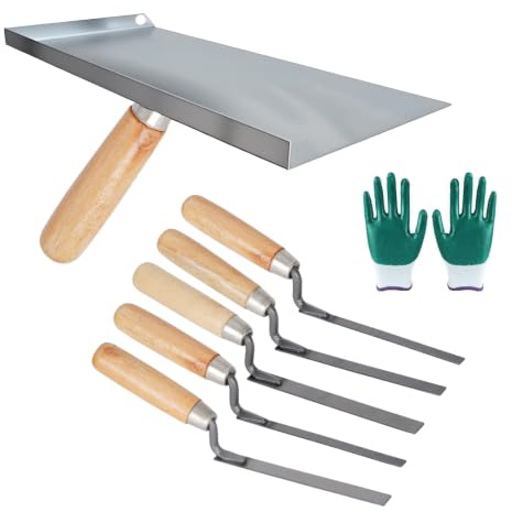Yalitrca 6PCS Pointing Trowel Set - 5 Carbon Steel Pointing Tool, 1 Stainless Steel Mortar Pan, 1 Pair of Protective Gloves, Trowel Set for Grouting, Bricklaying, Jointing, DIY Home Renovation