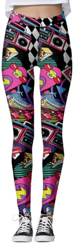 Damen Leggings mit Buntem 80er-Jahre-Retro-Print Elastische Sporthose im 90er-Jahre-Stil Auffällige Party-Leggings für Mottopartys und Festivals
