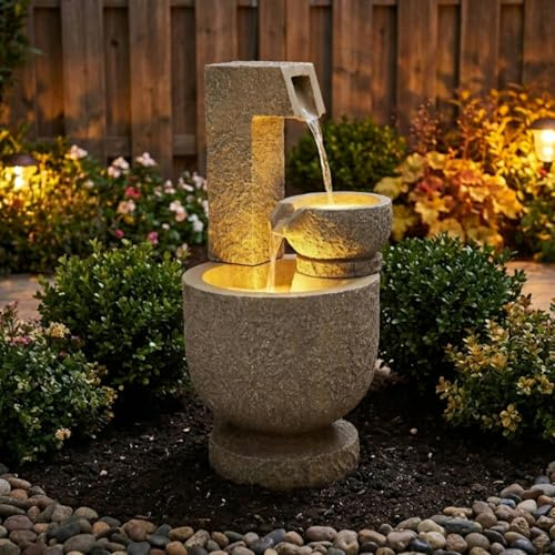 76cm Moderner Polyresin-Gartenbrunnen mit LED Light, 2-Stufiges Cascading Water Design Wasserfallbrunnen für Gärten, Balkone und Terrassen 76 x 37,5 x 37,5 cm
