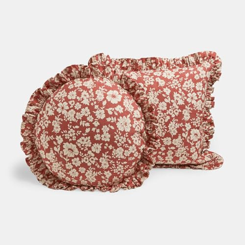 Loberon Kissen 2er Set Frambelle - Zwei Formen - Blumenprint - Romantische Verspieltheit - Rüschen Rundum - Baumwolle, rot/Creme