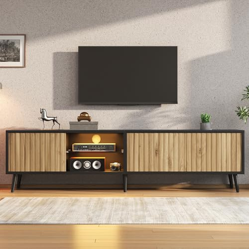 Merax 175cm LED TV Stand, Mid Century Modern TV Unit with LED Lights, Black Media Console & Storage Cabinet, Industrial Entertainment Centre for Living Room