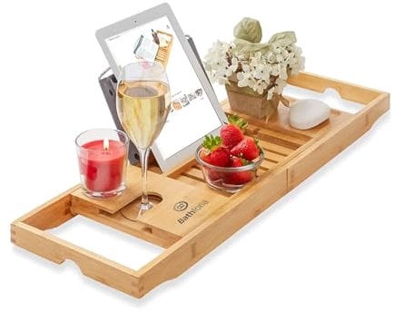 Extendable Wooden Bath Tray - Bamboo Bathroom Caddy Trays with Wine Glass, Candle, Phone, Tablet, Book Holder - Foldable Bath Board for Fantastic Bath Experience - Adjustable Bath Rack, Wood Table