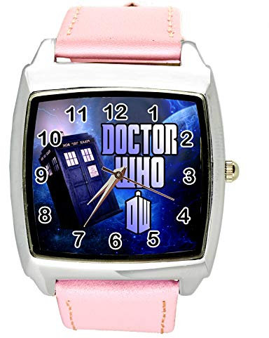 Taport® DR Who, Quarz-Uhr, quadratisch, SCI FI, E2, Echtleder, Pink, inklusive Ersatzakku und Geschenkbeutel