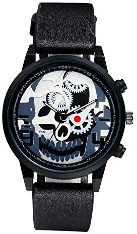 Lancardo Armbanduhr Schädel Totenkopf Rund Zifferblatt Analog Quarz Uhr für Damen Herren mit PU Lederband