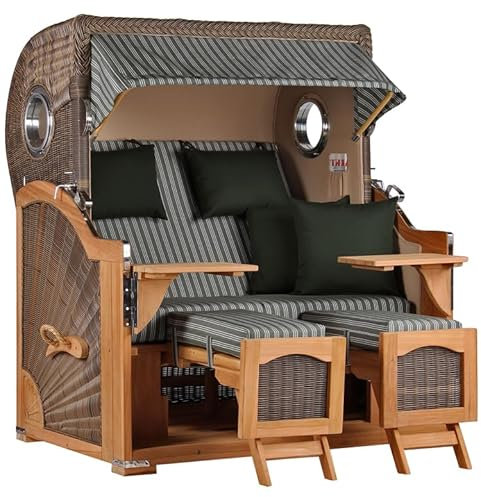 MR. DEKO® Strandkorb Düne Teak 2-Sitzer Bullauge | PE Geflecht Grey | Volllieger Strandstuhl verstellbar | inkl. 4 Kissen Wechselpolster | Strandkörbe fertig montiert aus Teakholz | (Dessin 504)