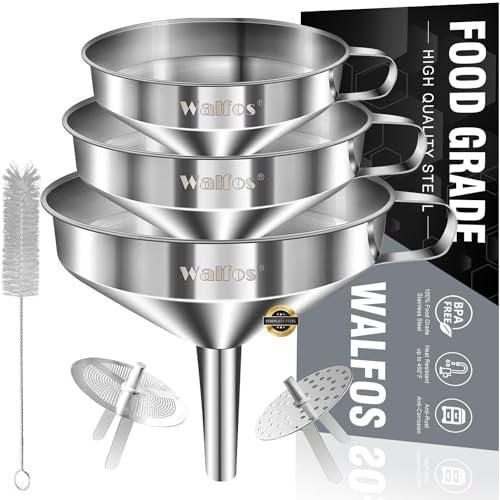 Walfos Kitchen Funnel, 3 Pack Stainless Steel Funnel (14cm+ 12cm+ 10cm) with 2 Removable Strainer & 1Pcs Cleaning Brush, Perfect for Transferring of Liquid, Oils, Jam, Dry Ingredients & Powder