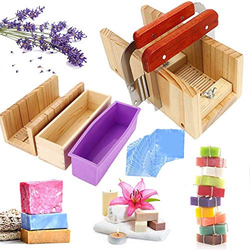 JasCherry 4 Stück Pinie Holz Verstellbar Seifen Silikonform Spree Set - Handgefertigt Holz DIY Seifenschneider Werkzeug Kit Einstellbare Box + 2 Edelstahl Schnittmesser + 100 Seifensäcke #2