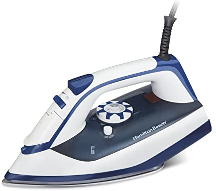 Hamilton Beach Iron & Steamer for Clothes with Smooth Press Stainless Steel Soleplate, 3-Way Auto Shutoff, 1500 Watts for High-Velocity Steam, 10’ Cord, Leak-Proof Anti-Drip, White (14650)