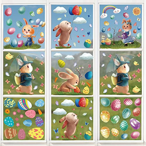 Hianjoo Fenstersticker Ostern Selbstklebend 9 Blätter, Fensterdekoration Ostern mit Hasen Ostereier Küken, Fenster Aufkleber Dekorationen Wiederverwendbar für Ostern