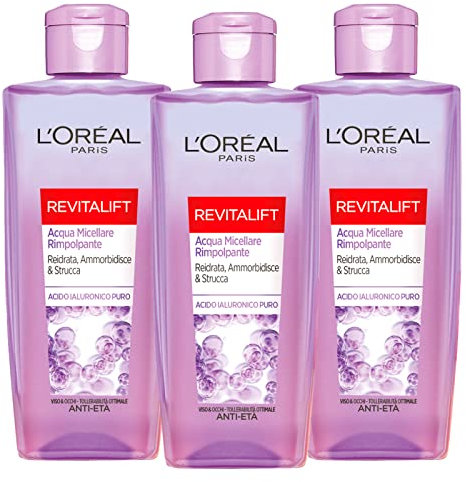 3x L'Oréal Paris Revitalift Acqua Micellare Rimpolpante Struccante con Acido Ialuronico Anti-Età per Viso e Occhi - 3 Flaconi da 200ml ognuno