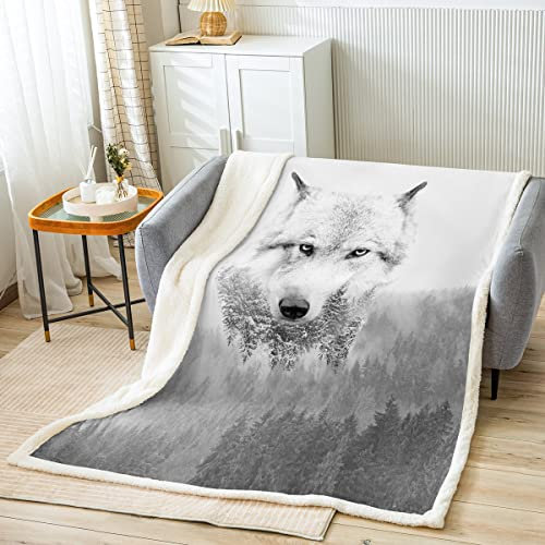 Loussiesd Wald Wolf Wohndecke Grau Weiß Wilde Tiere Kuscheldecke Nebelwald Thema Decke 75x100cm Weiche Mikrofaser 3D Wolf Drucken Flanell Fleecedecke fürs Bett Sofa Camping