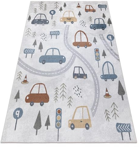 rugsx Teppich BONO 8436 Teppich Kurzflor, Kinderteppich, Wohnzimmer, Jugendzimmer, Kinderzimmer, Schlafzimmer, Autos, Straße Creme/Hellgrau 80x150 cm