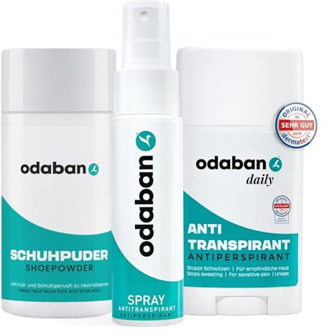 odaban® Set - Antitranspirant Spray, Deo Stick & Fuß- und Schuhpuder - wirksamer Schutz gegen Schweiß & Gerüche – ideal für Achseln, Hände & Schuhe – langanhaltend, hautfreundlich & Unisex