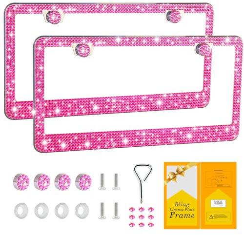 FIISFIIS Bling License Plate Frame for Women,2 Pack Premium Stainless Steel Rhinestone Car License Plate Holder,Handmade Glitter Crystal Diamond Lincense Plate Cover,Bedazzled Sparkly Caps-Pink