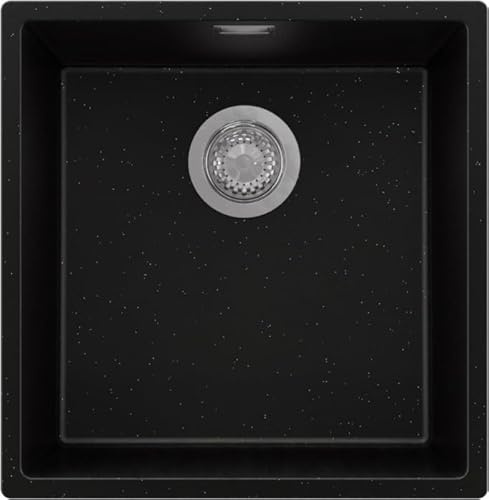 PRIMAGRAN Spülbecken Schwarz Metallic 46x47cm, Granitspüle 1 Becken + Ablauf-Set, Küchenspüle ab 50er Unterschrank - London Slim S124