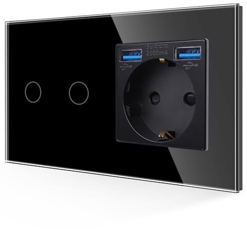JIMEIDA USB Steckdose mit Lichtschalter in Schwarz, 16A Glas 3-in-1 Schuko Steckdose Unterputz mit 2 USB Ladegerät (2.1A), 1-Fach 2-Poliger Touch Wandschalter mit Status-LED,86mm * 157mm