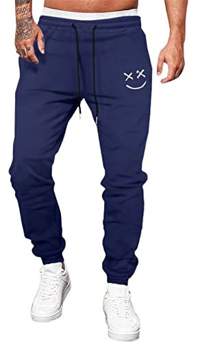 Meilicloth Hose Herren Jogginghose Männer Freizeithose Baumwolle Lang mit Kordelzug-Aufdruck Sweatpants Herren mit Taschen Regular Fit Blau L