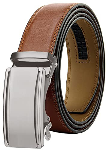 Chaberlu Ceinture pour homme, ceinture en cuir à cliquet, boucle automatique, ceinture en cuir réglable pour jeans, largeur 35 mm, taille personnalisée, Marron B2-1, 32-38W / 45L