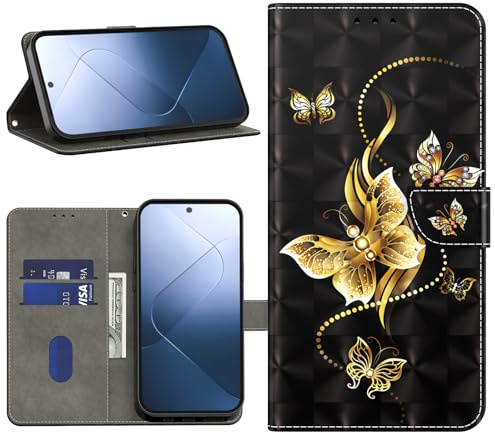 BOLELAW Hülle für Samsung Galaxy A14 5G/4G – Stoßfestes PU Leder Wallet Case mit Magnetverschluss, Standfunktion & Kartenfächern, Golden Butterfly