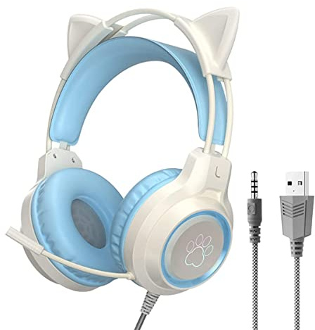 Gaming Headset with Removable Cat Ears, 3.5mm Wired Headphones with Adjustable Microphone, Extendable Padded headband, Noise Cancelling and RGB Light Headphones for Xbox/PS4/Switch/Mac/Phone (Blue)