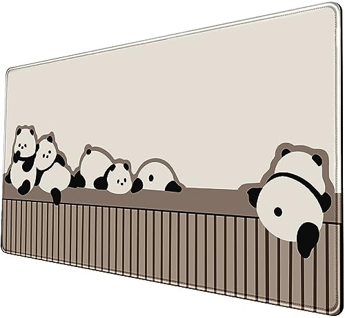 Cute Panda Mouse Pad Xl-31.5x15.7in-Anime Desk Mat-Beige Desk Pad-Large Kawaii Keyboard Mat-with Non-Slip Base Stitched Eges