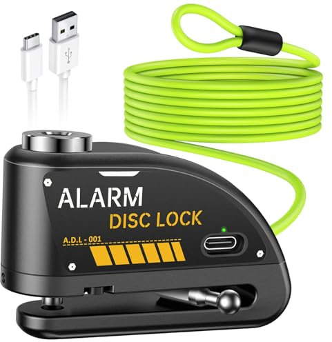 ONVIAN - Cerradura de Freno de Disco Recargable para Motocicleta con Alarma de 120 dB y Cable de recordatorio de Acero de 6 pies, para Motos de 7 mm, Bicicleta, Scooter, ciclomotor (Negro)