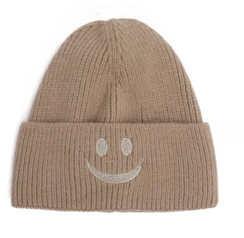 FASHION YOU WANT Beanie-Mützen für Herren, Unisex, Smiley, Bestickt, weich, SMILEY2 warm, Winter, Manschette, Strickmützen für Damen (DE/NL/SE/PL, Alphanumerisch, Einheitsgröße, Taupe)