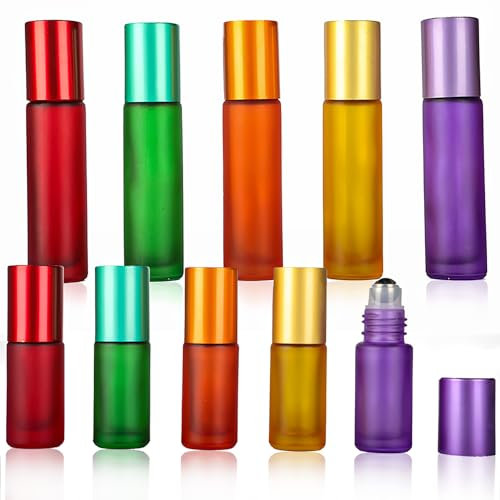 ktxaby 10Pcs Essential Oils Roller Bottles,5ml/10ml Roll on Bottles with Stainless Steel Ball, Refillable Frosted Glass Roller Bottles for Essential Oils, Fragrance, Aromatherapy