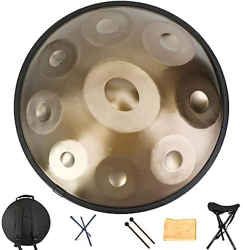 HSRG 440-Hz- Handpan-Trommel, 22-Zoll-D-Moll-9-Noten-Stahltrommeln, Stahl-Handpan-Instrument Für Erwachsene, Mit Weicher Handpan-Tasche, 2 Handpan-Schlägern, Handpan-Ständer Und Staubfreiem Tuch-Gold