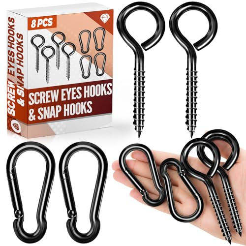FFWHKON Pernos de ojo de 5 pulgadas y ganchos de presión de 3.1 pulgadas, 8 ganchos de ojo de rosca resistentes para asegurar cables de cable, mosquetones de escalada multiherramienta, gimnasio,