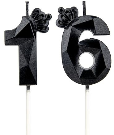 Geburtstagskerzen Zahlen 16 mit Krone,3D Kerzen Geburtstag für Kuchen geburtstagsdeko, Geburtstag Kerzen Zahlen, Geburtstagskerzen Kinder für Partys, Hochzeiten, Firmenfeiern, Jubiläen (Schwarz, #16)