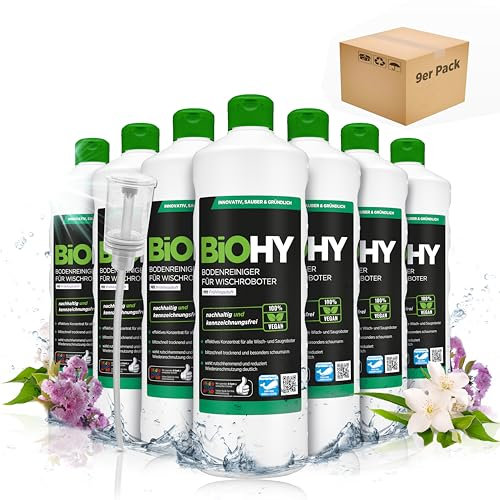 BiOHY Floor Cleaner for All Mop Robots with Spring Fragrance (9 x 1 Litre) + Dispenser, Low Foam & Streak-Free, Concentrate Cleaner for All Floors