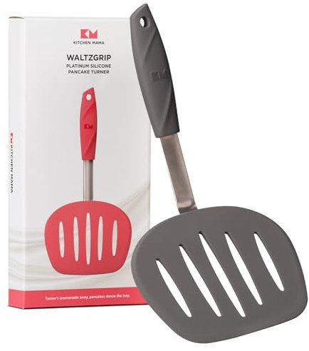 Kitchen Mama WALTZGRIP Pfannenwender aus Platinsilikon: Hitzebeständig, breiter, konischer Kopf mit Schlitzen, Edelstahlkern, langlebig, spülmaschinenfest, zum Wenden von Speisen (Metallgrau)