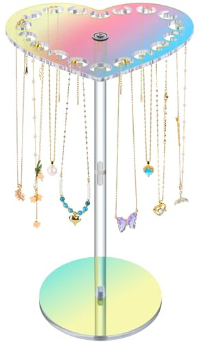 NiHome Iridescent Acrylic Rotating Necklace Holder Organizer, Heart-Shaped Top Multifunctional Jewelry Storage, Space-Saving Necklace Organizer, Keeps Vanity Neat Adds Decorative Touch