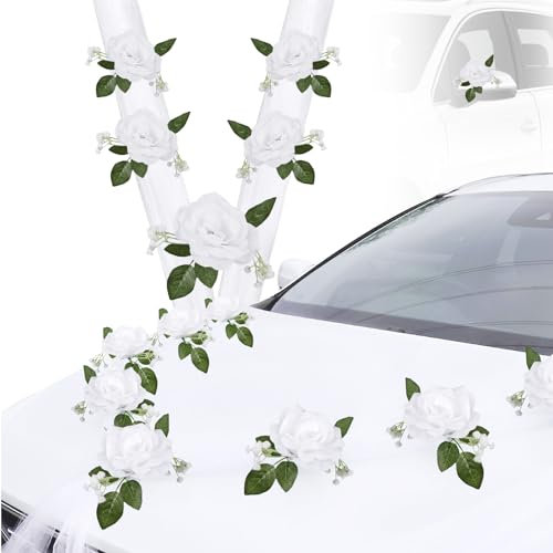 LEKEFETO Car Decoration Wedding Bonnet, Wedding Decoration Car with 9 Silk Flowers & 2 x 180 cm Tulle, Wedding Car Decoration, Car Decoration Wedding for Wedding Party, Wedding Reception Ceremony