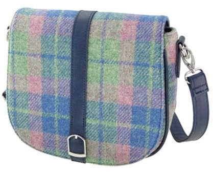 Glen Appin Damen Harris Tweed Beauly Schultertasche Casual Bag Verstellbarer Riemen Tartan-Muster Geburtstagsgeschenk Muttertag, Blaues und pinkes Schottenkaro
