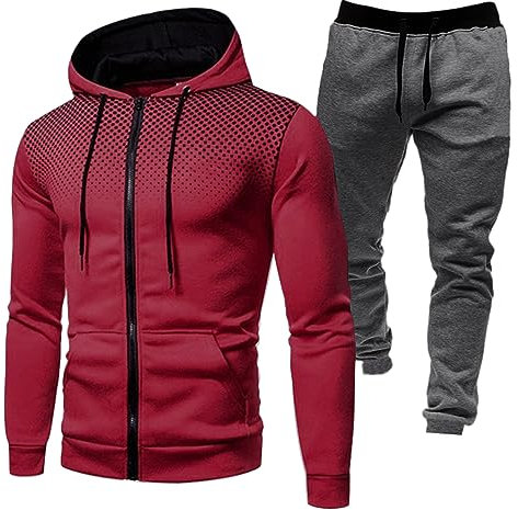 Herren Wintersport Plus Fleece Polka Dot Print Reißverschluss Hoodie Kapuzenpullover Hosenanzug Herren Outfit Komplett Mode Freizeit Sweatshirt-Hosenanzug Einfarbig Hoodie Mit Langarm (Red, XXL)