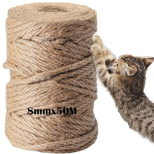 DOBIGER Corda Tiragraffi per Gatti 50m, 8mm Corda Juta Naturale, Sisal Tiragraffi per Gatti, Canapa para Decoración del Hogar y el Jardín
